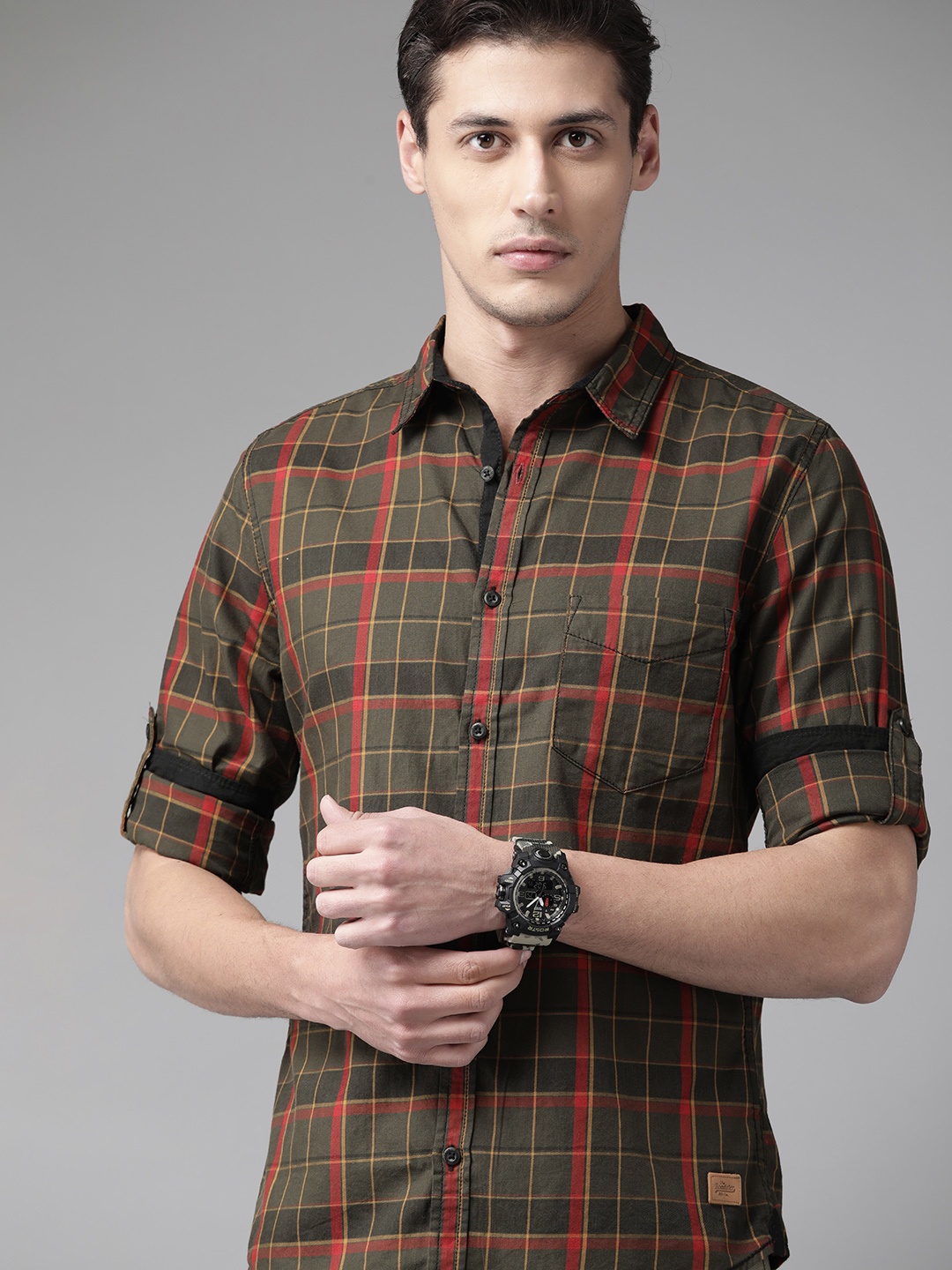 

Roadster Men Olive Green Pure Cotton Tartan Checks Checked Casual Shirt