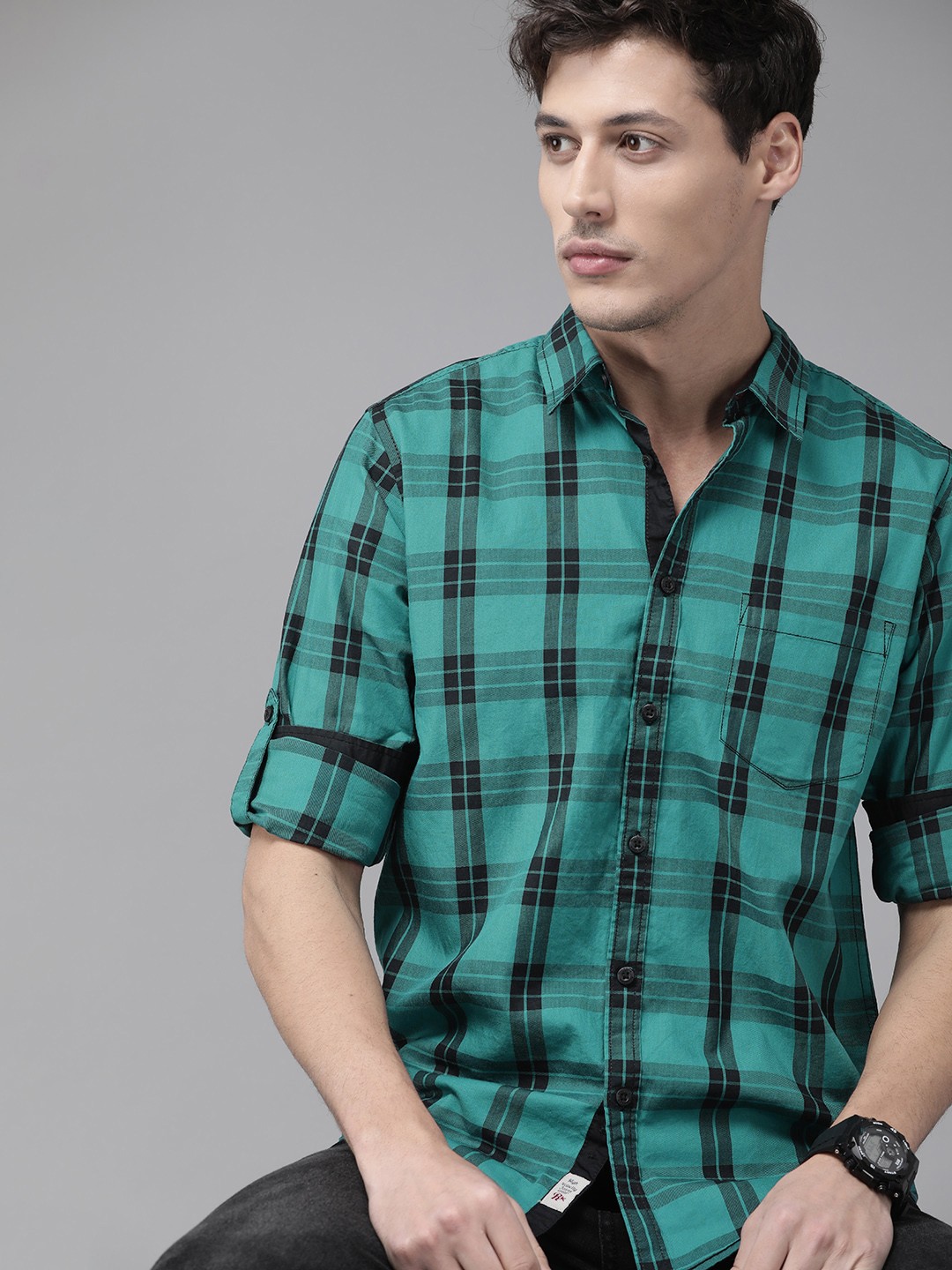 

Roadster Men Teal & Black Tartan Checked Pure Cotton Casual Shirt