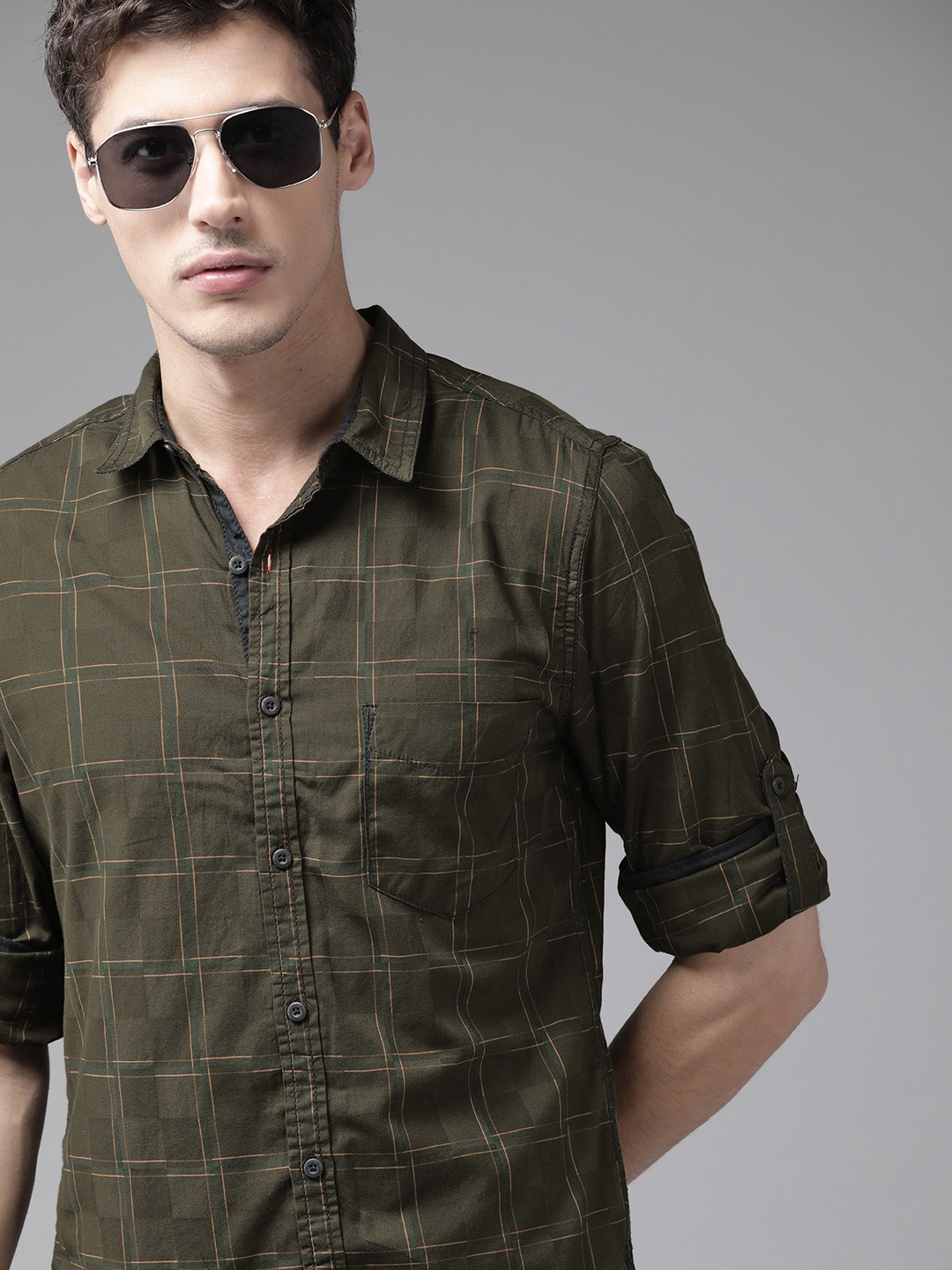 

Roadster Men Olive Green Tartan Checks Pure Cotton Casual Shirt
