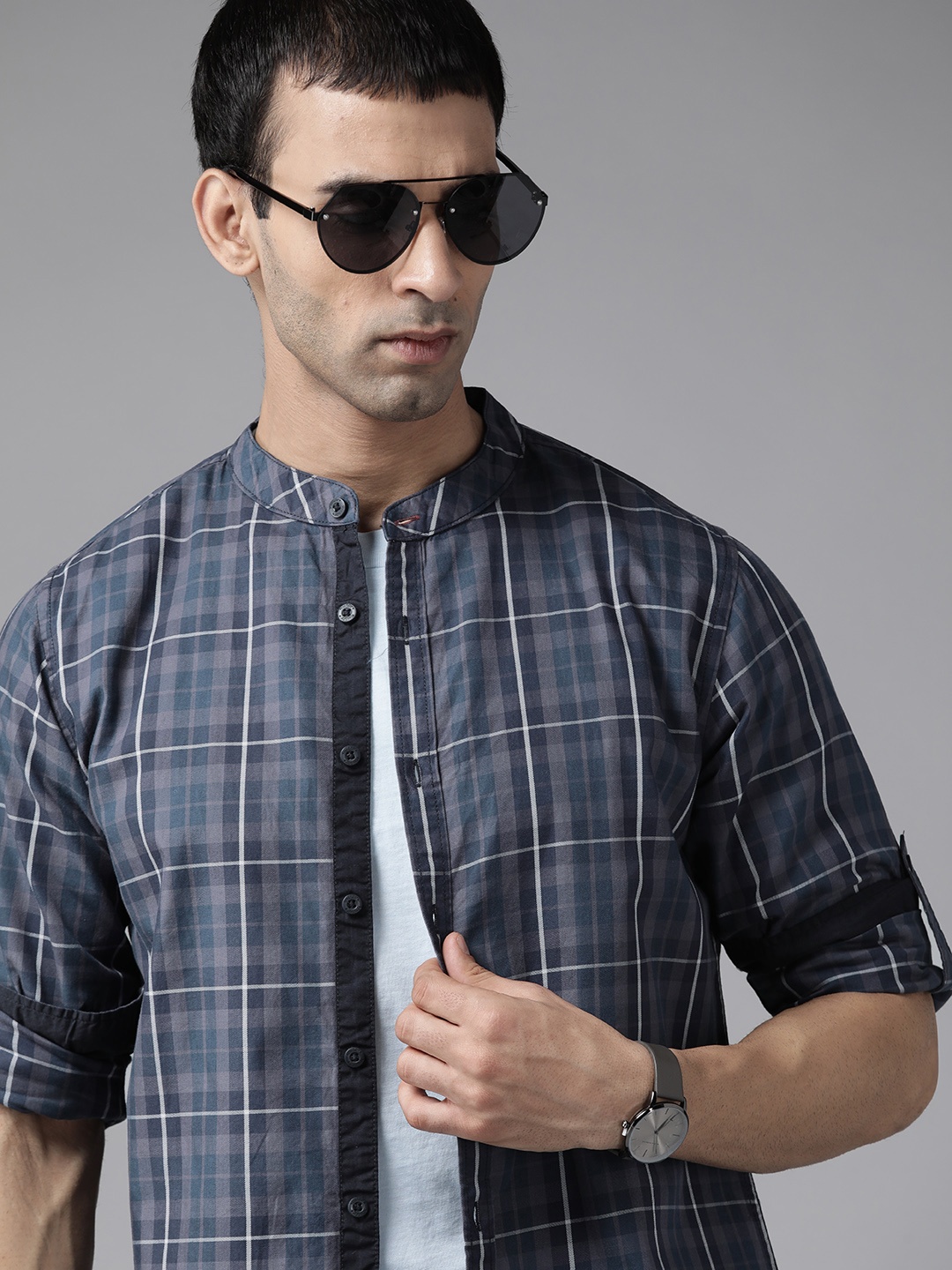 

Roadster Men Navy Blue Gingham Checks Pure Cotton Opaque Checked Casual Shirt