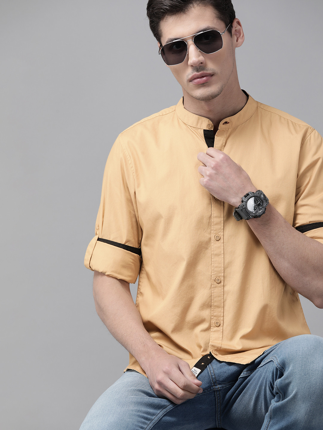 

Roadster Men Khaki Solid Pure Cotton Casual Shirt