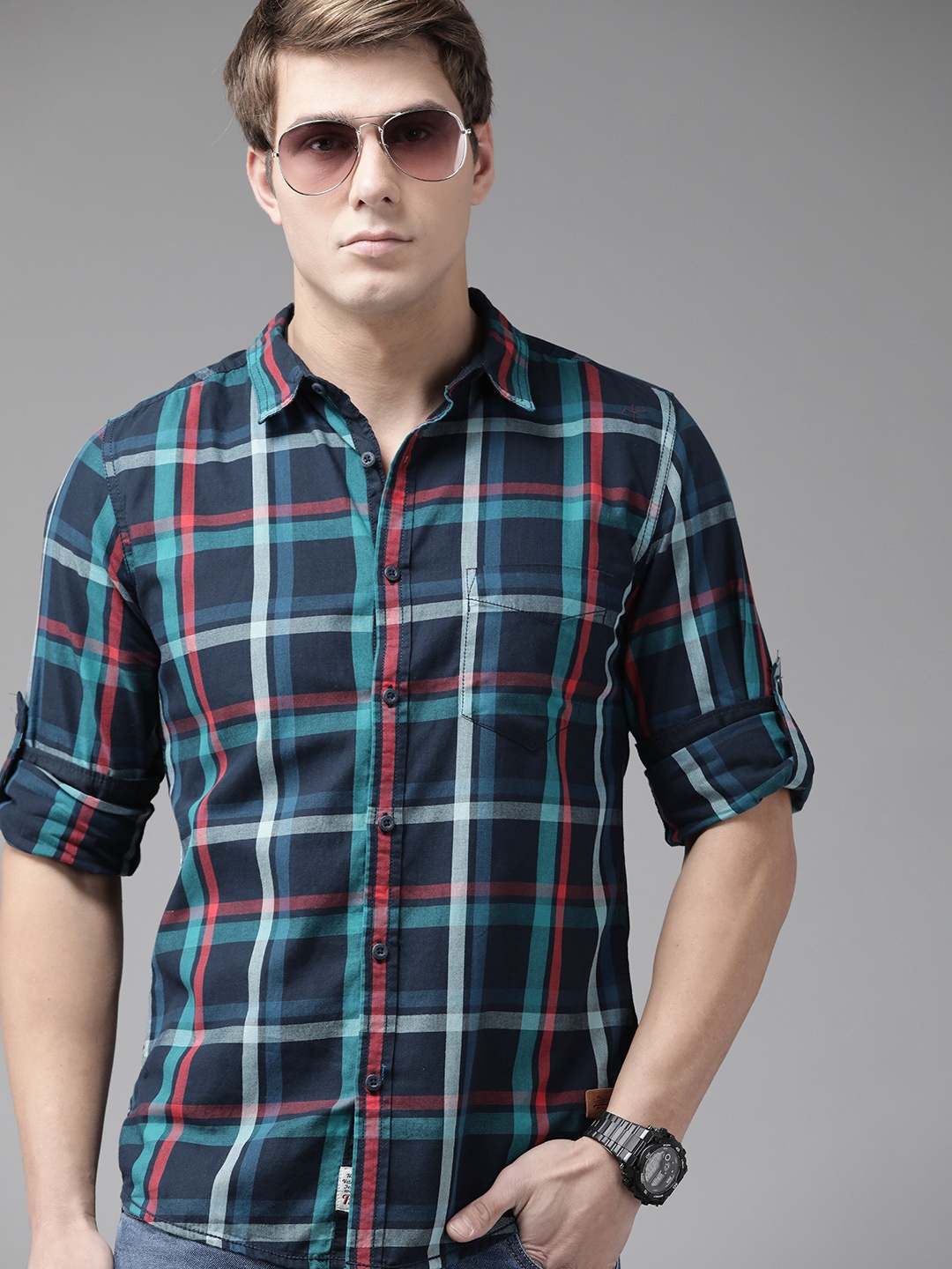 

Roadster Men Navy Blue Tartan Checks Sustainable Casual Shirt