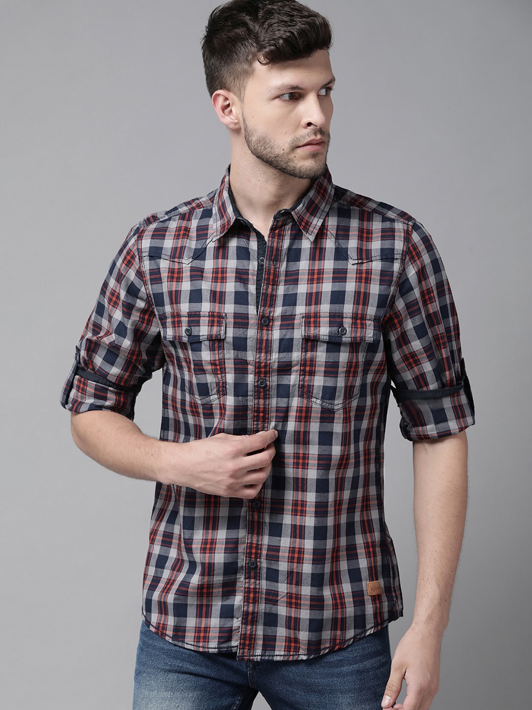 

Roadster Men Navy Blue & Grey Pure Cotton Tartan Checks Casual Shirt