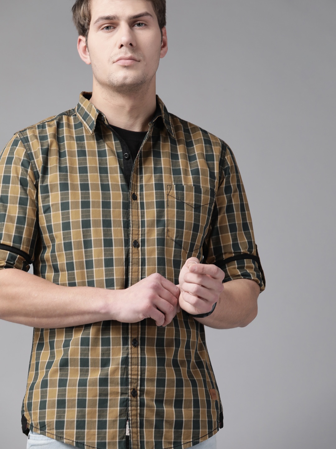 

Roadster Men Mustard Yellow & Green Pure Cotton Tartan Checks Checked Casual Shirt
