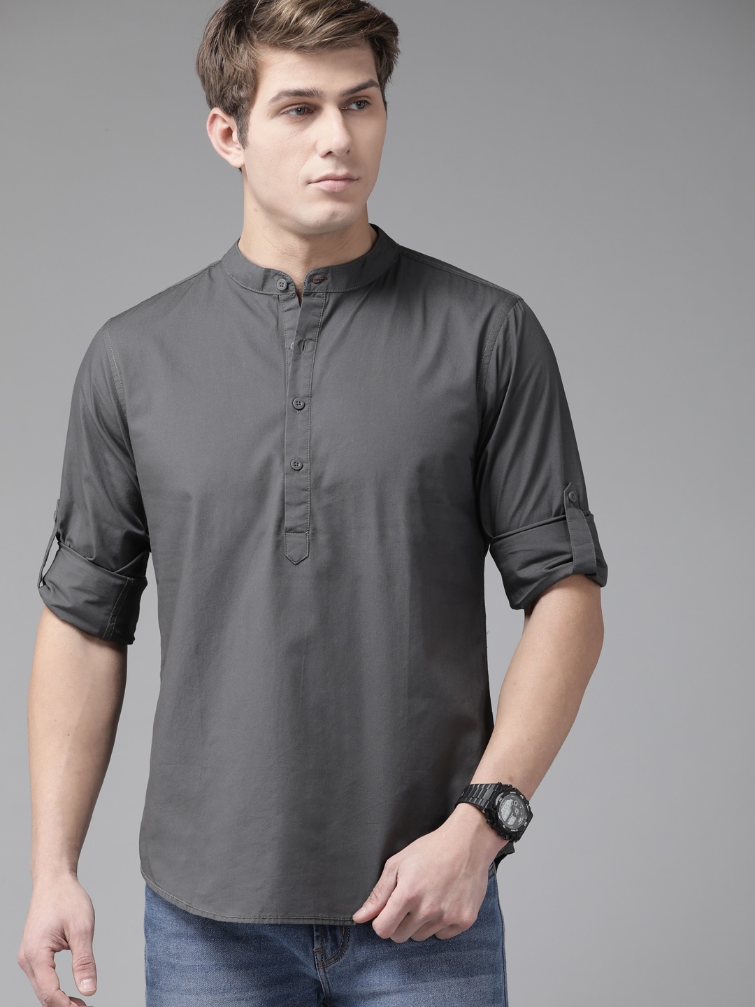 

Roadster Men Charcoal Grey Pure Cotton Casual Shirt