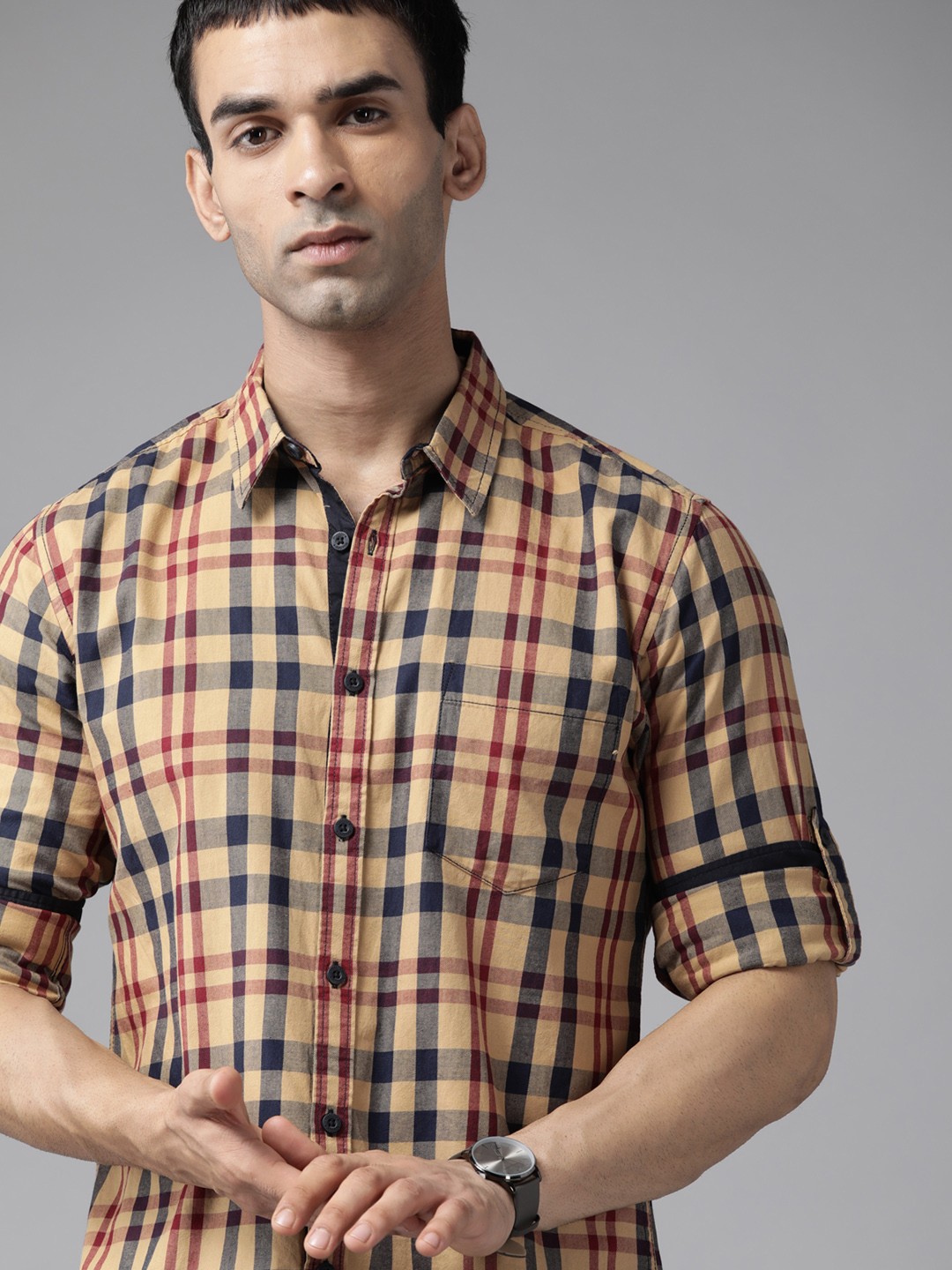

Roadster Men Yellow Tartan Checks Pure Cotton Opaque Checked Casual Shirt