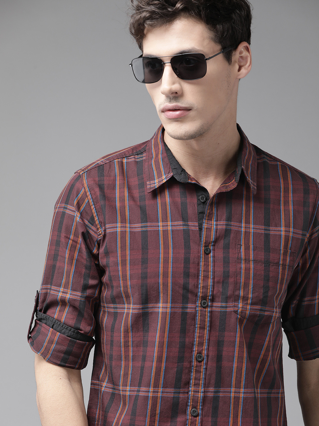 

Roadster Men Burgundy Tartan Checked Pure Cotton Casual Shirt