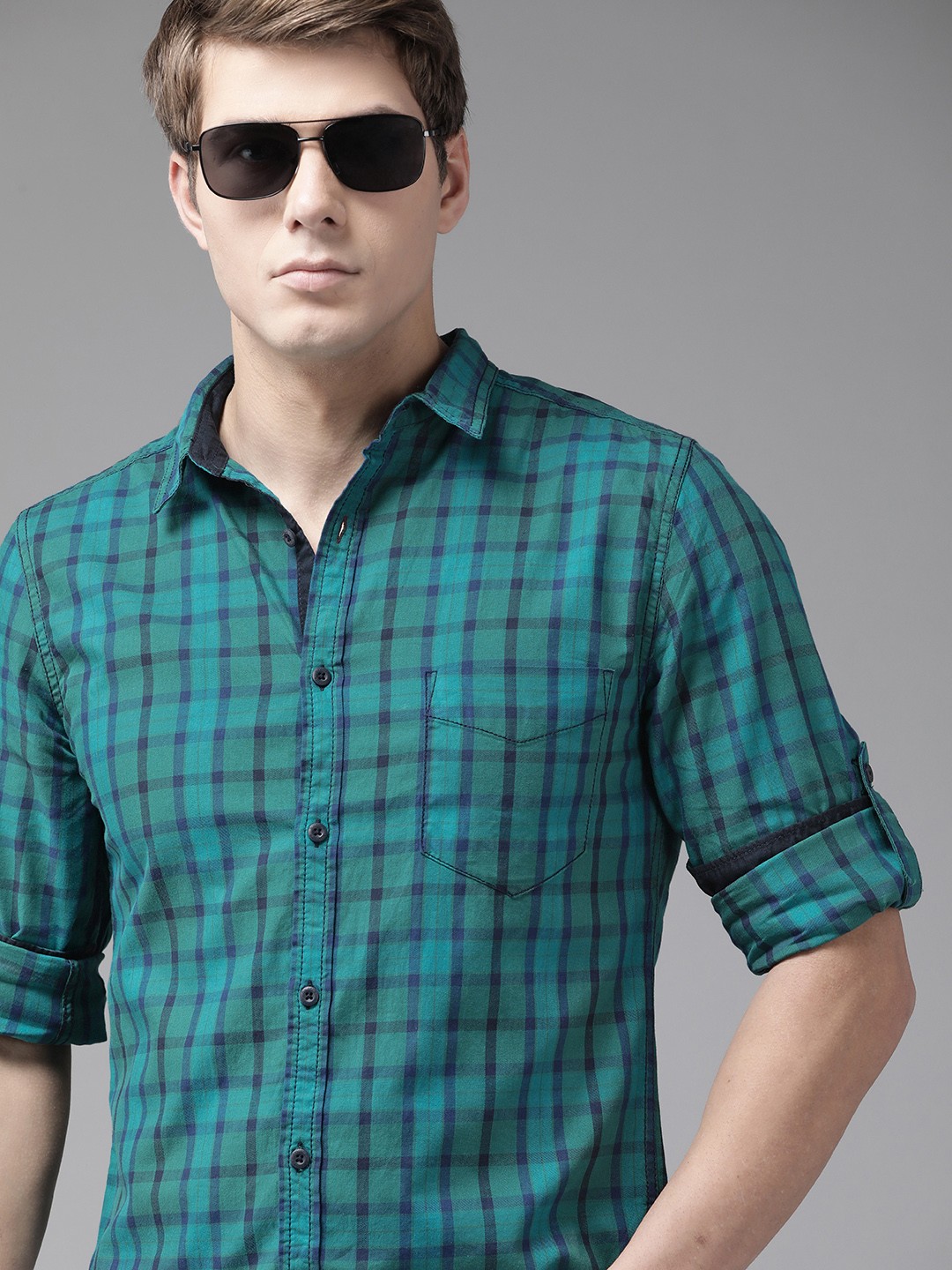

Roadster Men Turquoise Blue Tartan Checks Checked Sustainable Casual Shirt