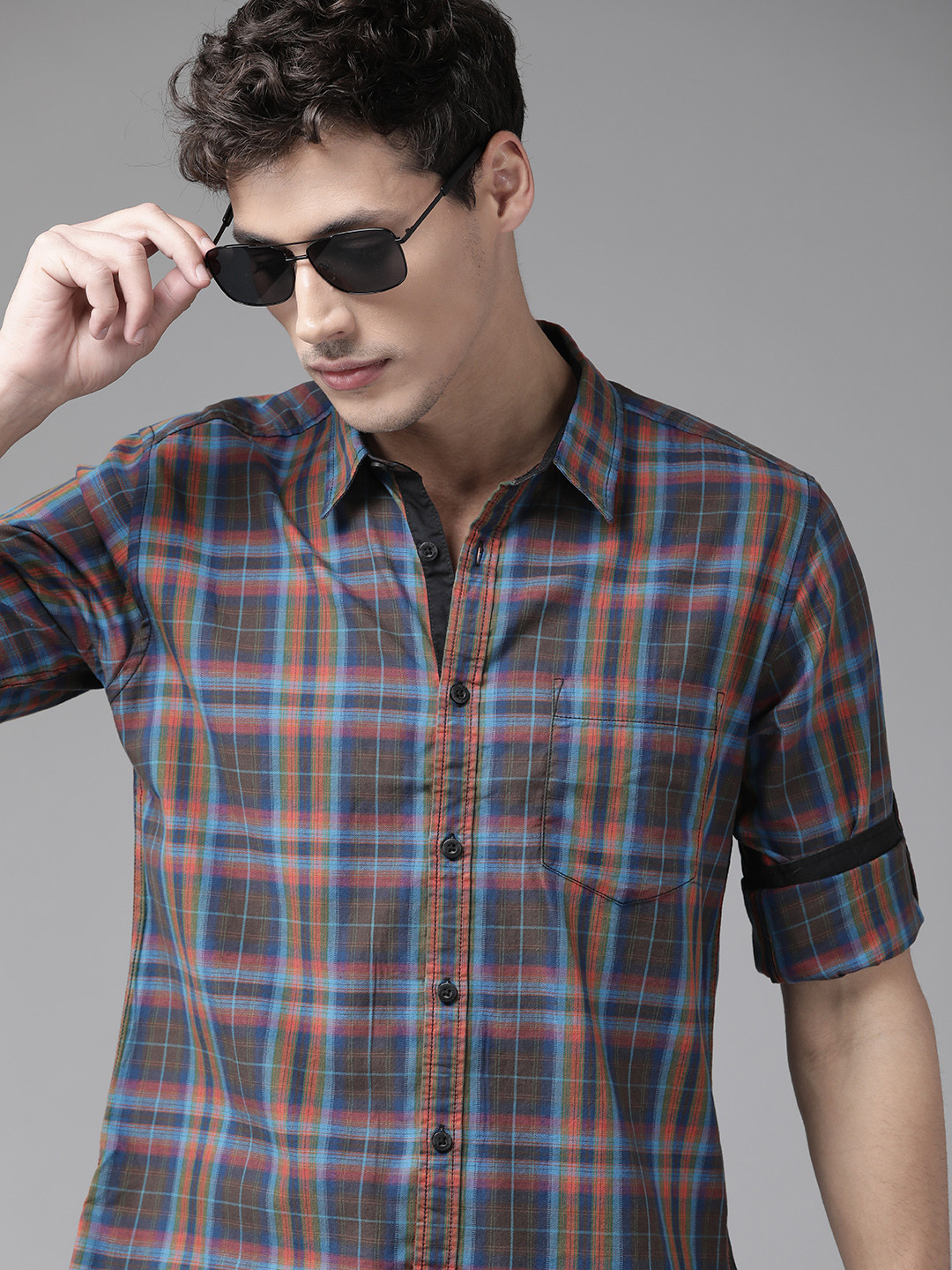 

Roadster Men Blue & Orange Tartan Checked Pure Cotton Casual Shirt