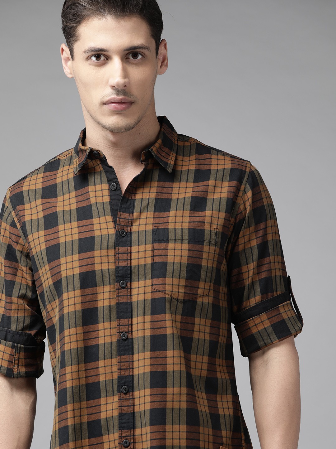 

Roadster Men Black & Mustard Yellow Tartan Checked Pure Cotton Shirt