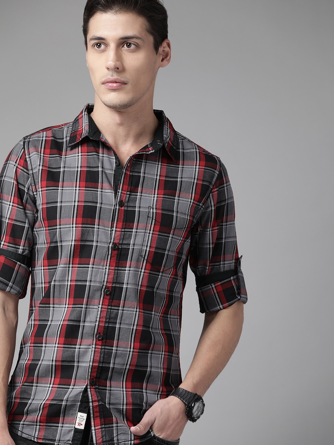 

Roadster Men Grey Pure Cotton Tartan Checks Checked Casual Shirt