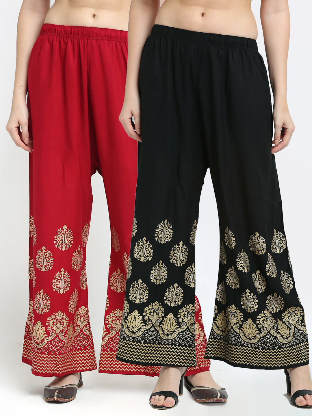 

TAG 7 Women Maroon & Black Pack of 2 Flared Ethnic Motifs Printed Palazzos