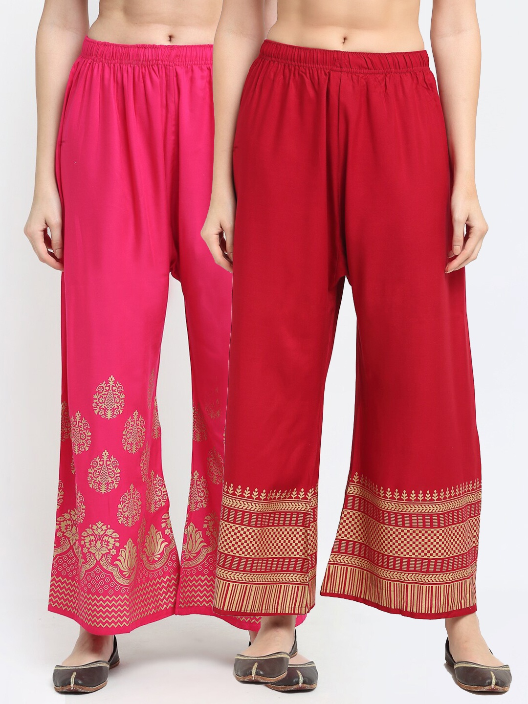 

TAG 7 Pack of 2 Women Maroon & Pink Ethnic Motifs Printed Flared Palazzos