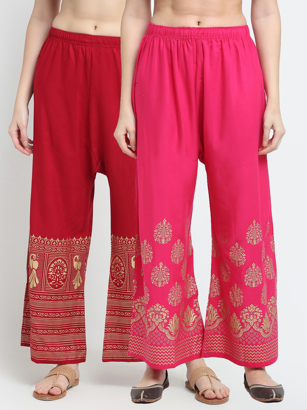

TAG 7 Women Set of 2 Maroon & Pink Ethnic Motifs Printed Palazzos