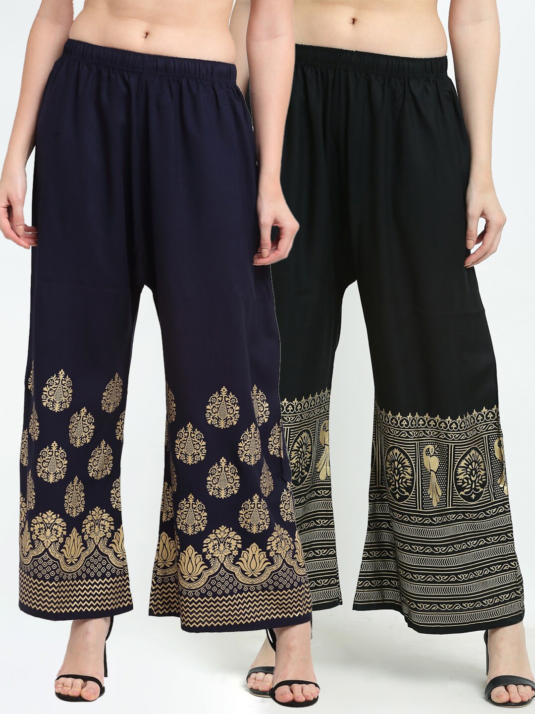 

TAG 7 Women Pack of 2 Black & Navy Blue Printed Flared Palazzos