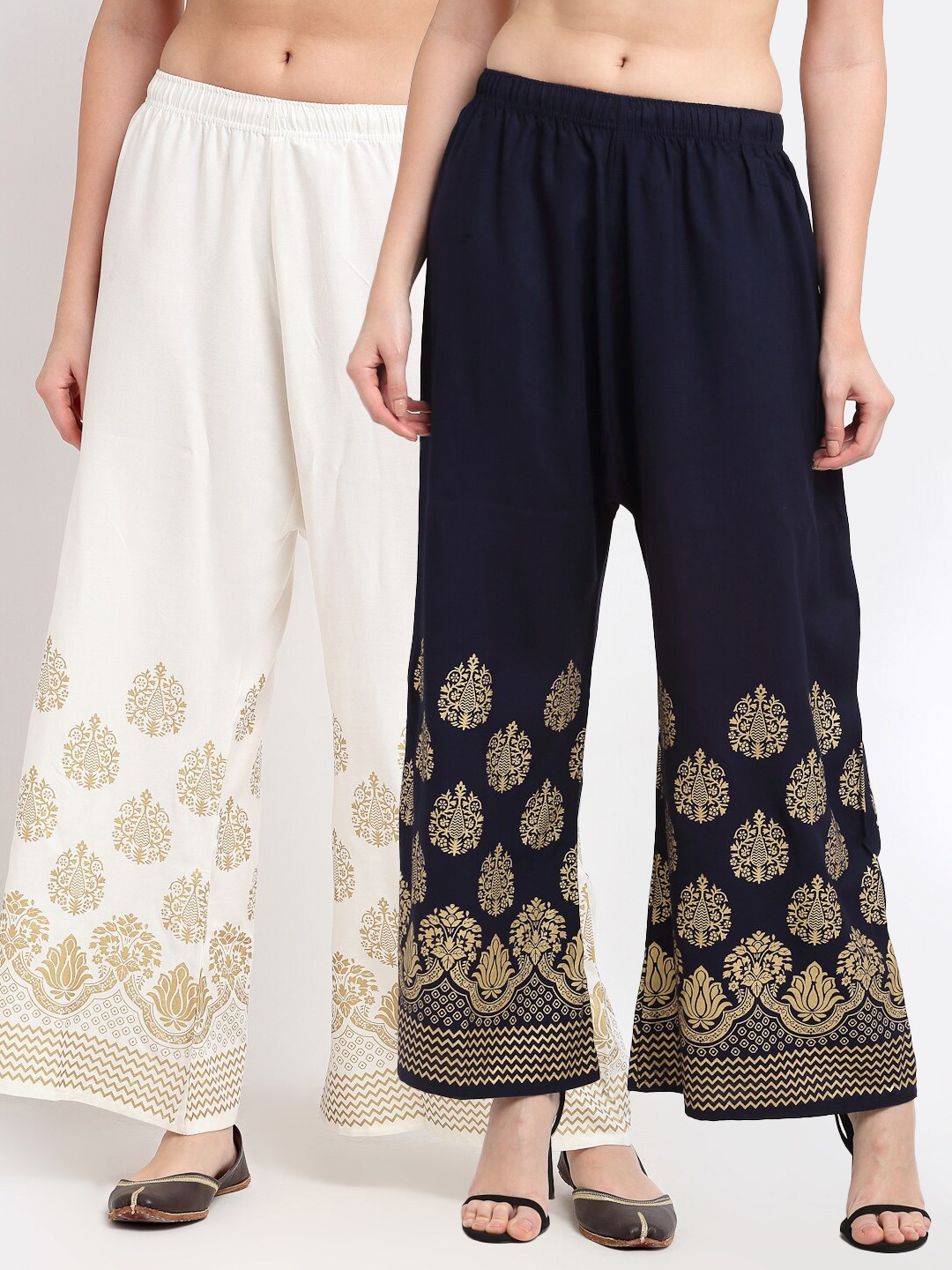 

TAG 7 Women Set of 2 White & Navy Blue Ethnic Motifs Printed Palazzos