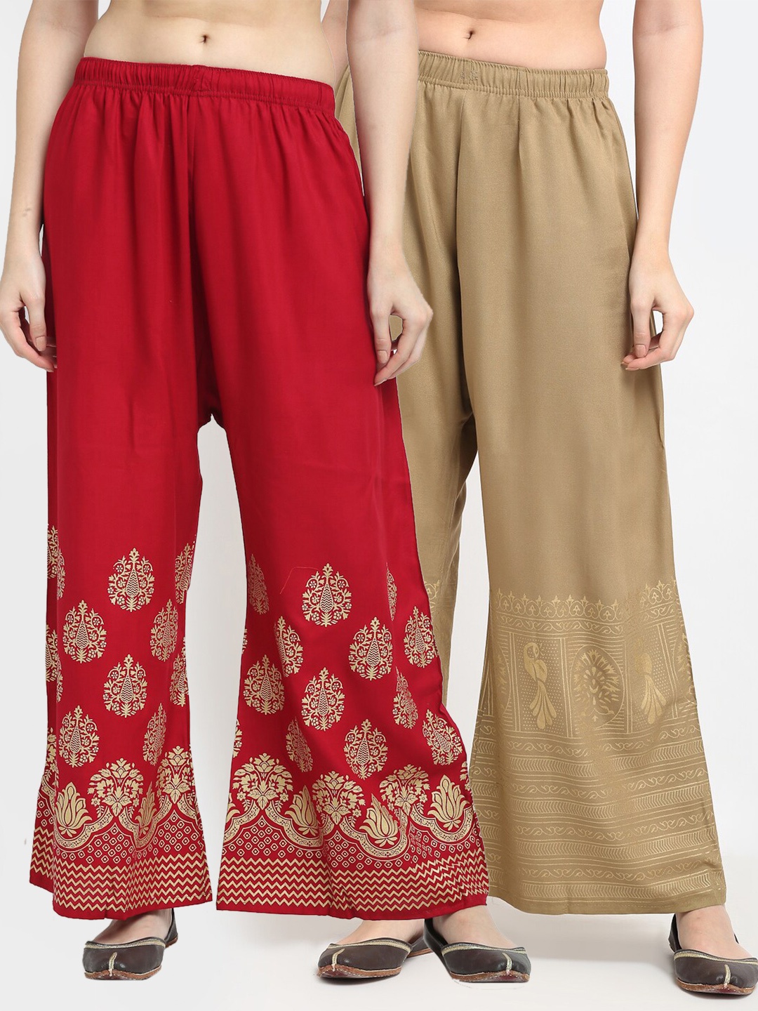

TAG 7 Women Pack Of 2 Beige & Maroon Ethnic Motifs Printed Flared Palazzos