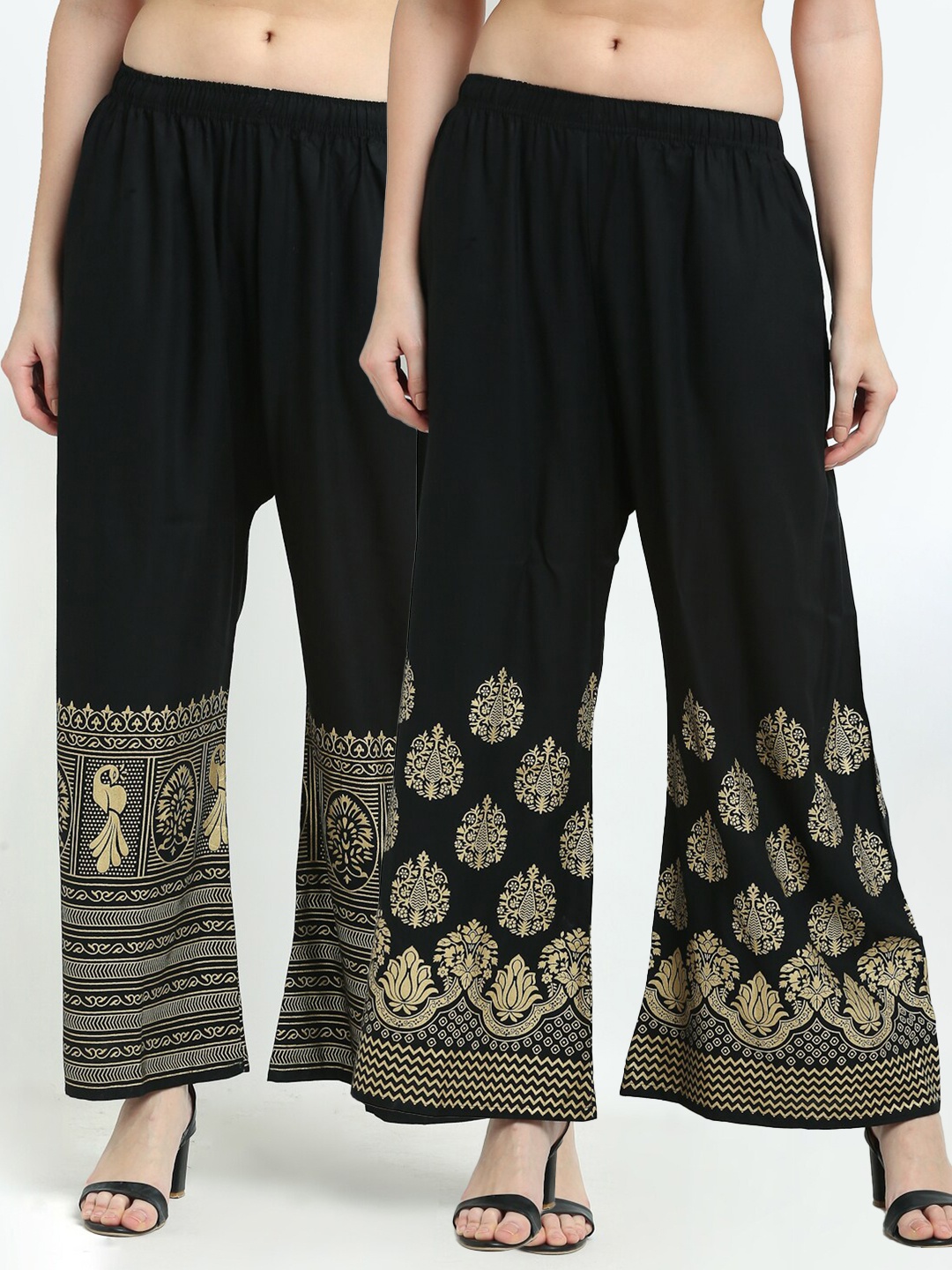 

TAG 7 Women Set of 2 Black & Gold-Toned Ethnic Motifs Printed Palazzos