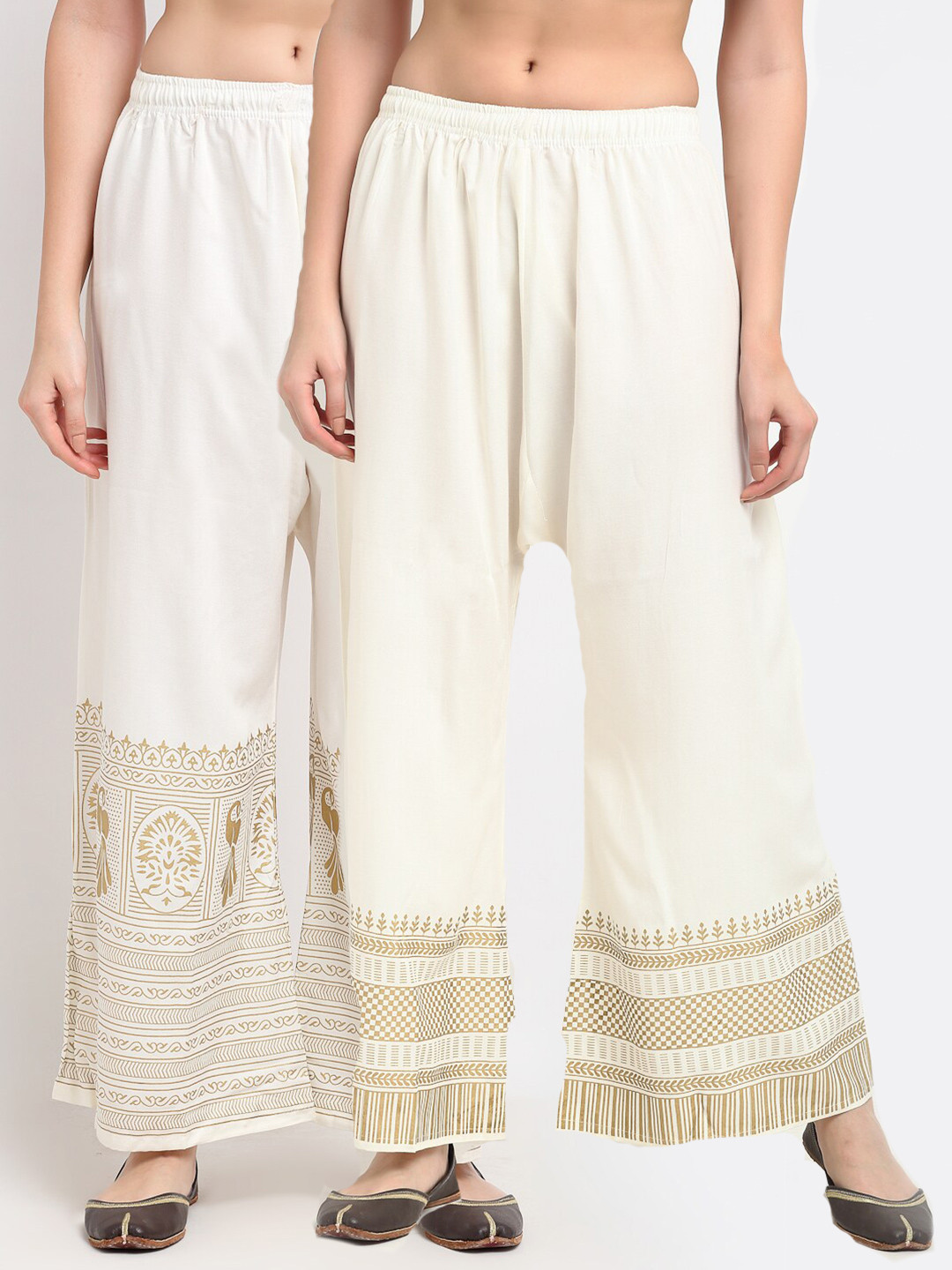 

TAG 7 Women Set of 2 White & Off White Ethnic Motifs Printed Palazzos