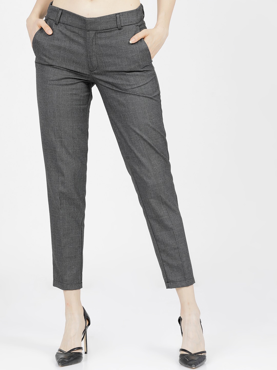 

CHIC BY TOKYO TALKIES Women Grey Checked Formal Trousers