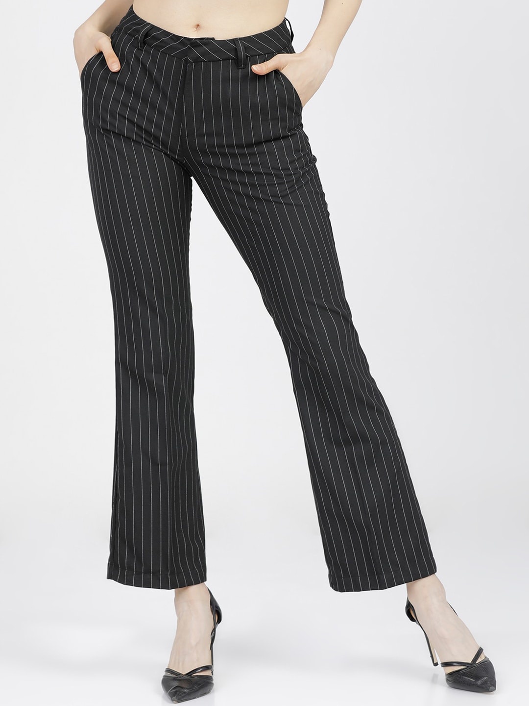 

CHIC BY TOKYO TALKIES Women Black Striped Straight Fit Bootcut Trousers