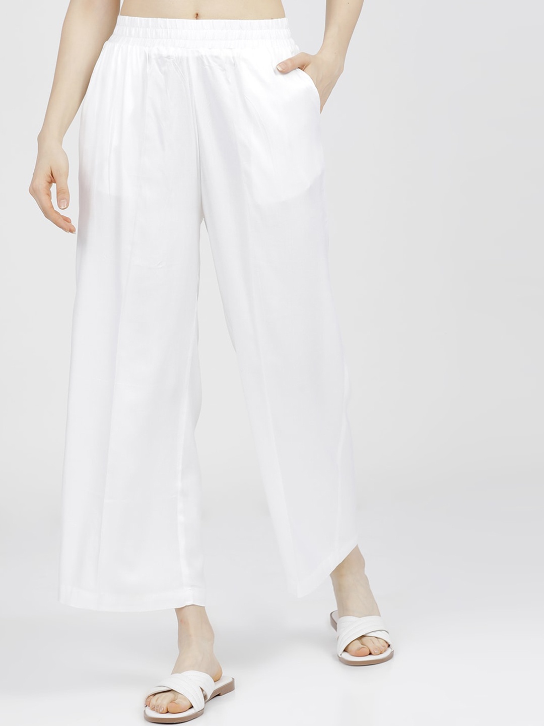 

Tokyo Talkies Women White Parallel Elasticated Trousers