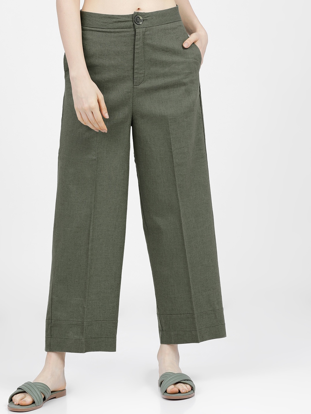 

Tokyo Talkies Women Olive Green Highwaist Straight Fit Parallel Trousers