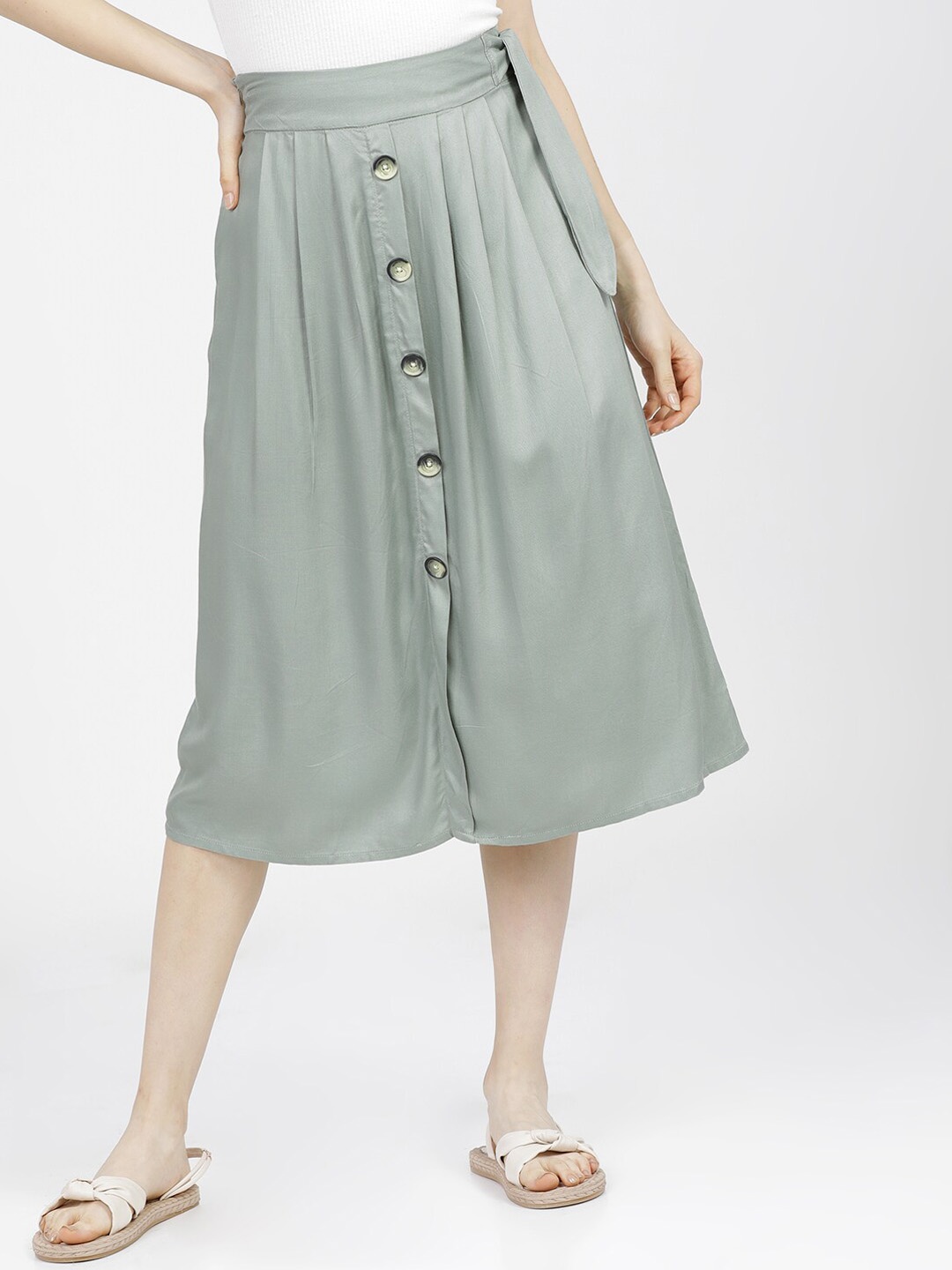 

Tokyo Talkies Women Green Solid Midi Length A-Line Skirt