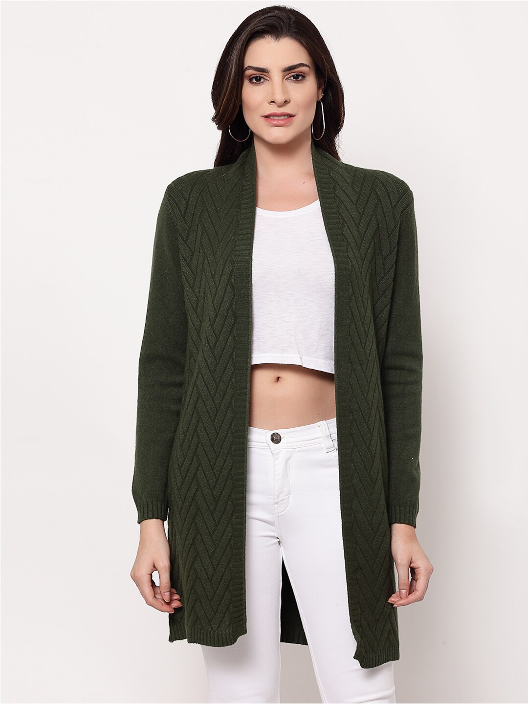 

Mafadeny Women Green Longline Self Design Shrug