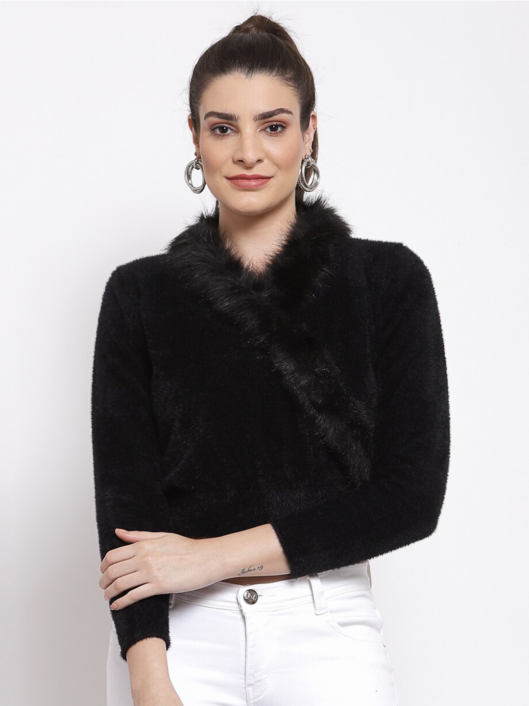 

Mafadeny Women Black Crop Pullover with Embellished Detail