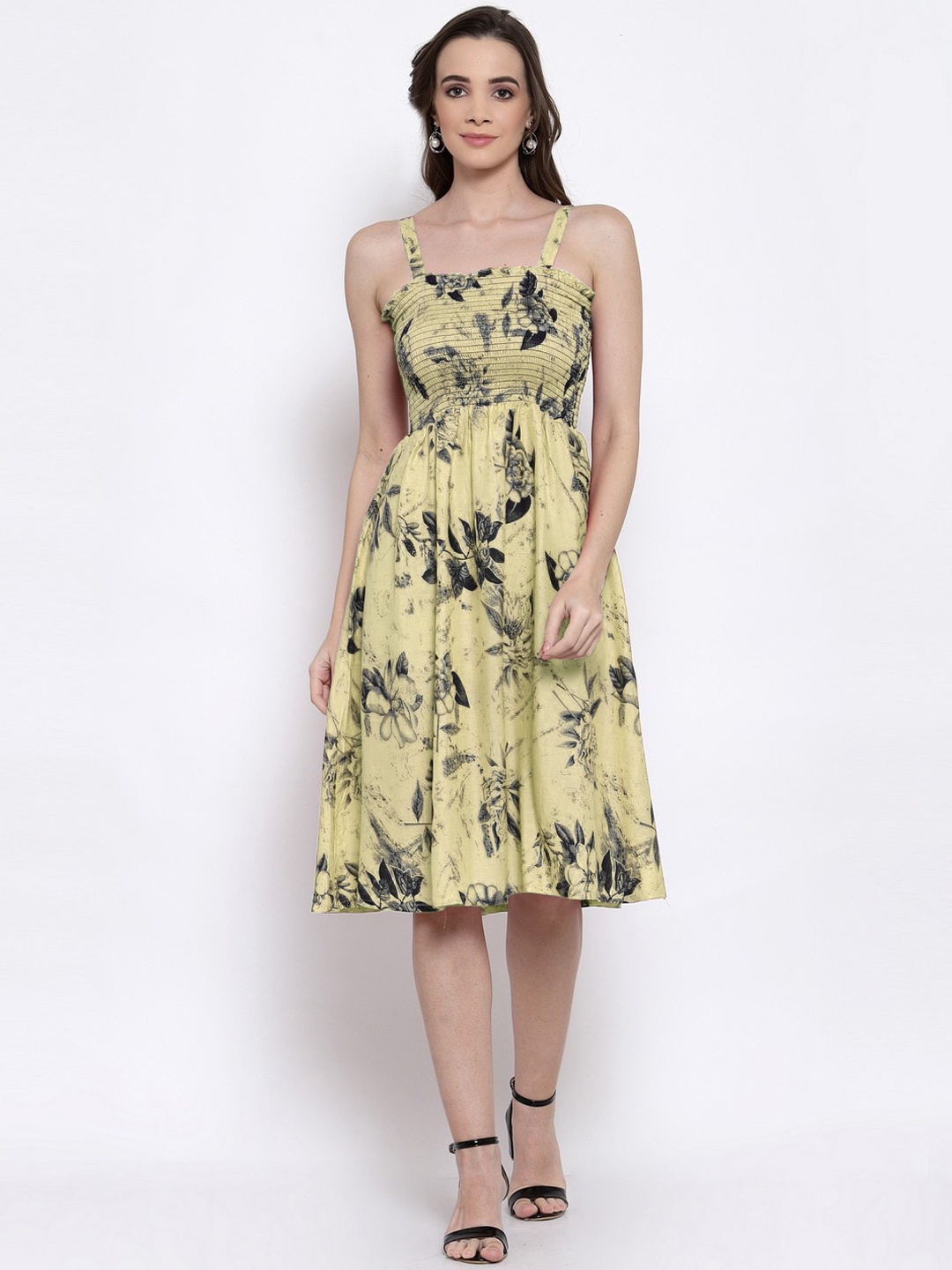 

KLOTTHE Yellow & Black Floral Dress