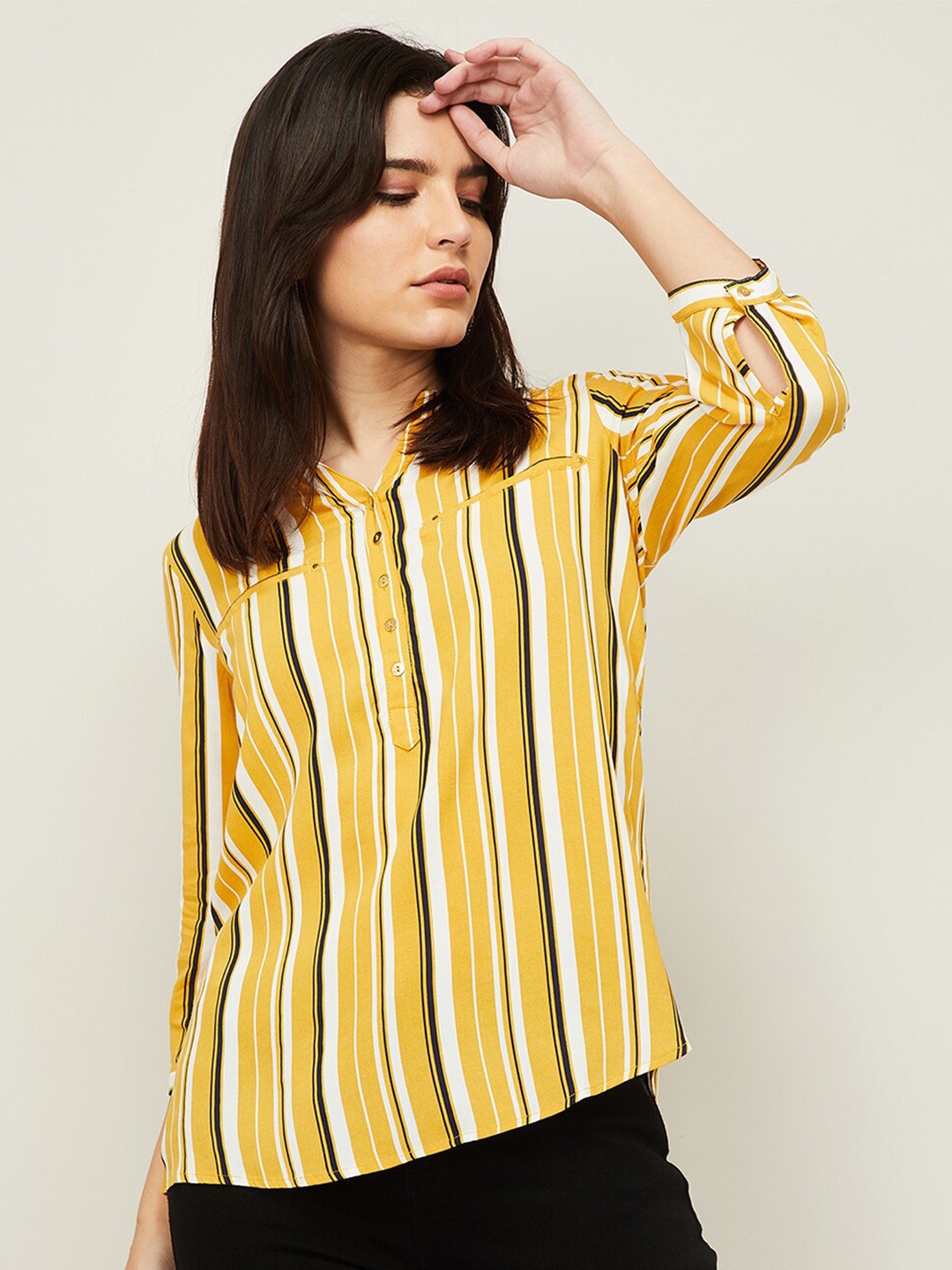 

Fame Forever by Lifestyle Mustard Yellow Striped Shirt Style Top