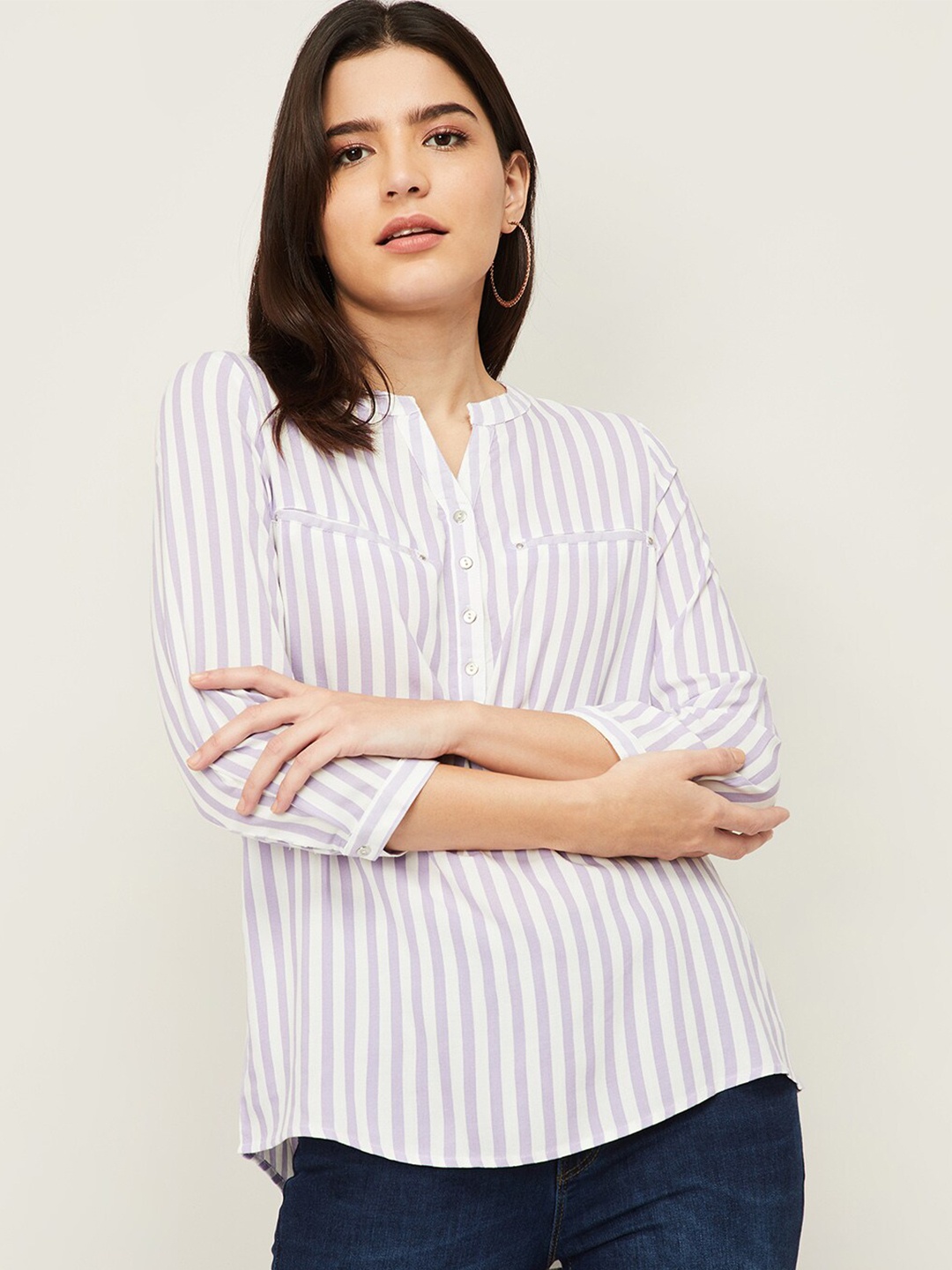 

Fame Forever by Lifestyle Purple and White Striped Mandarin Collar Shirt Style Top