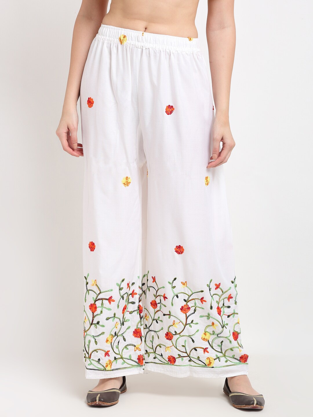 

TAG 7 Women White Embroidered Flared Palazzo