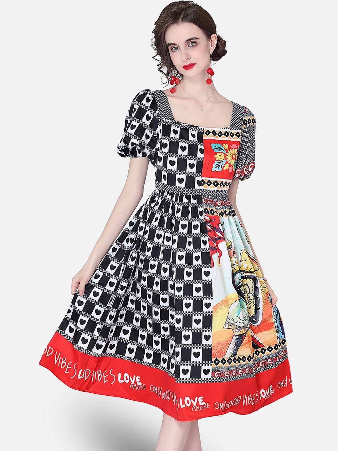 

JC Collection Multicoloured Printed Puff Sleeves Fit and Flare Dress, Multi