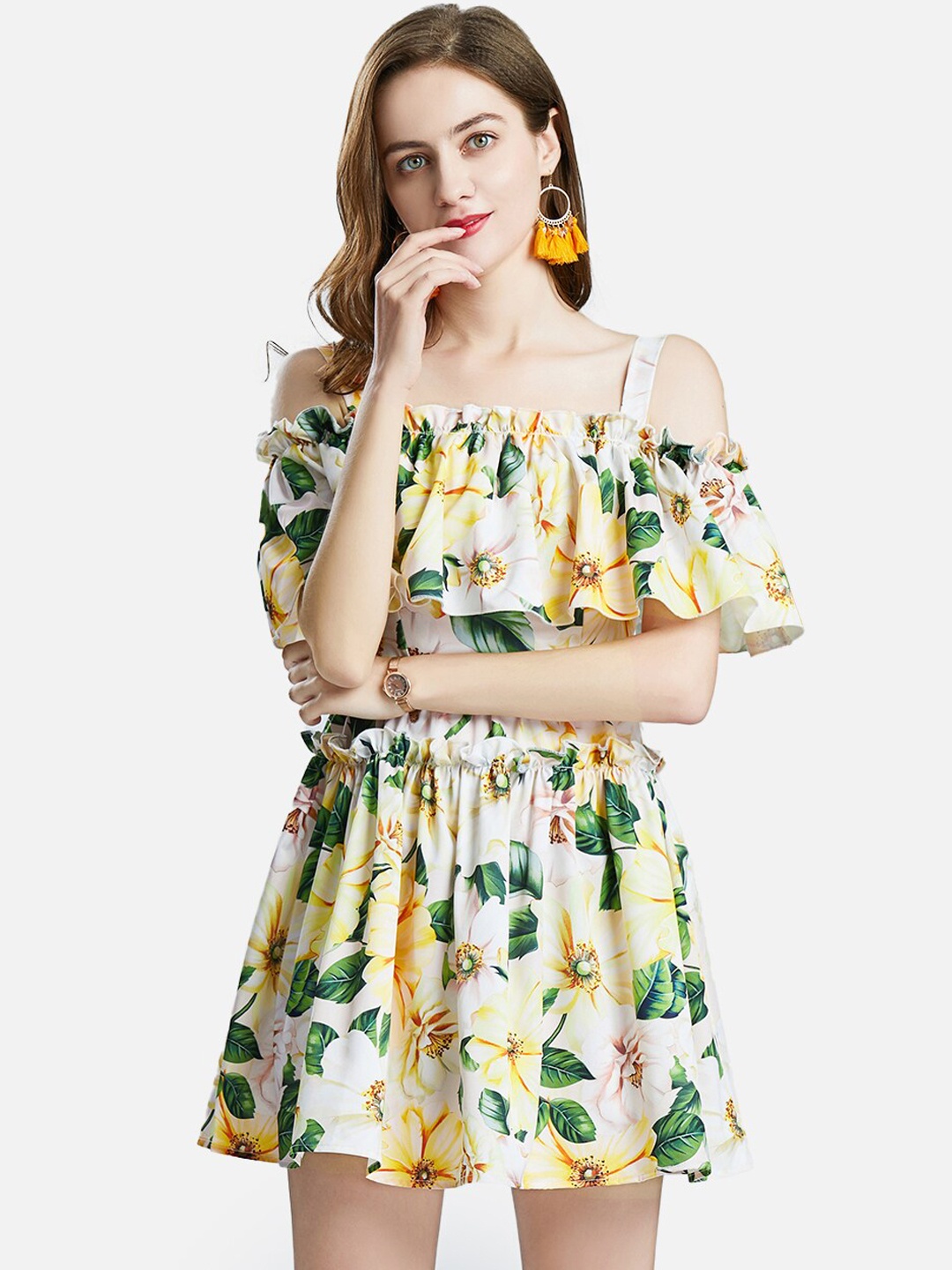 

JC Collection Yellow Floral Off-Shoulder Mini Dress