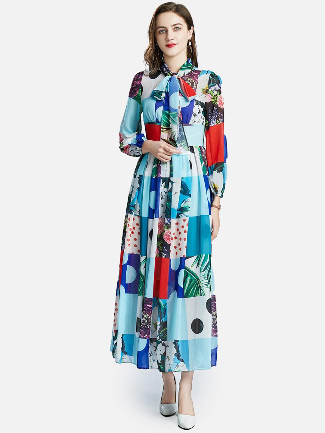 

JC Collection Blue Printed Tie-Up Neck Maxi Dress