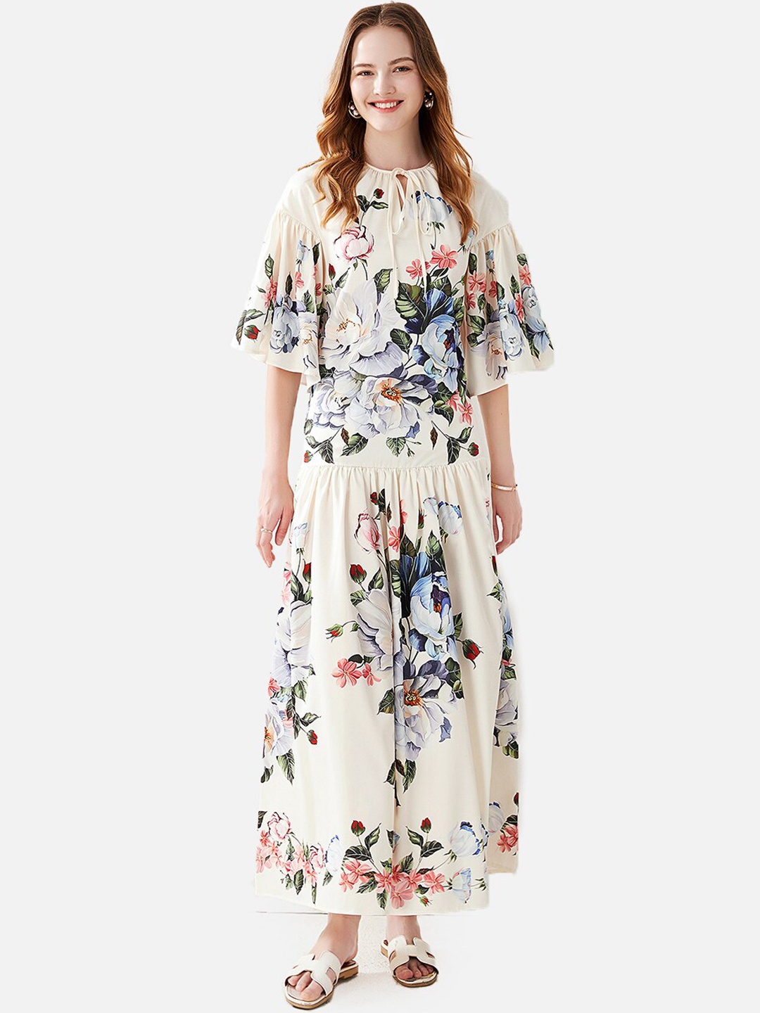 

JC Collection White Floral Flared Sleeves Maxi Dress