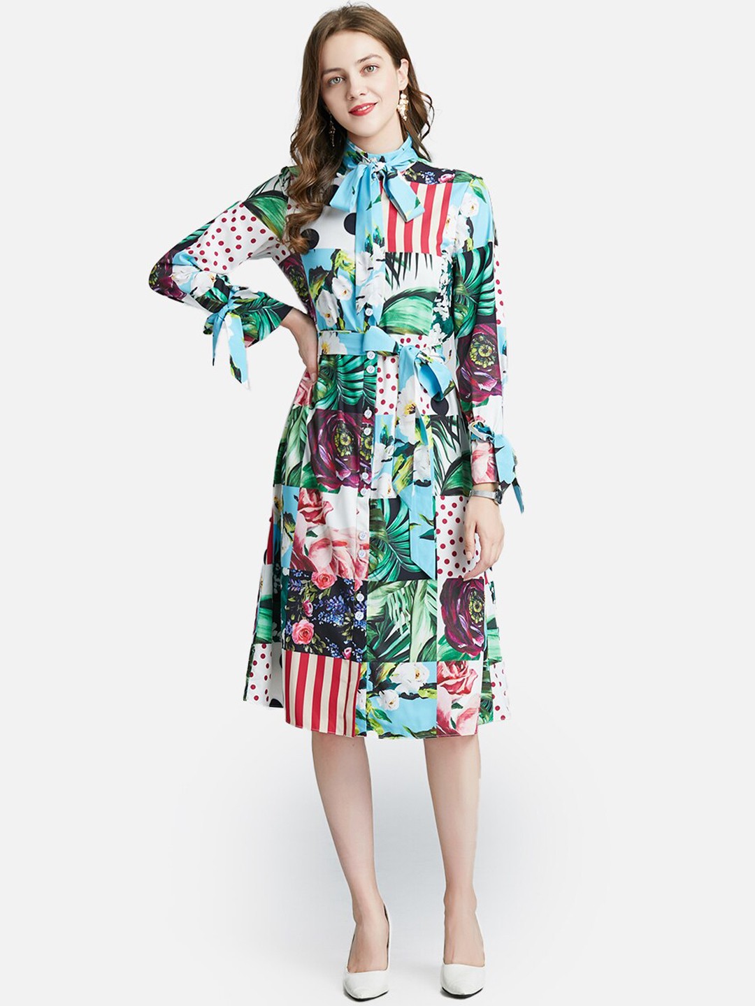 

JC Collection Blue Geometric Tie-Up Neck Midi Dress