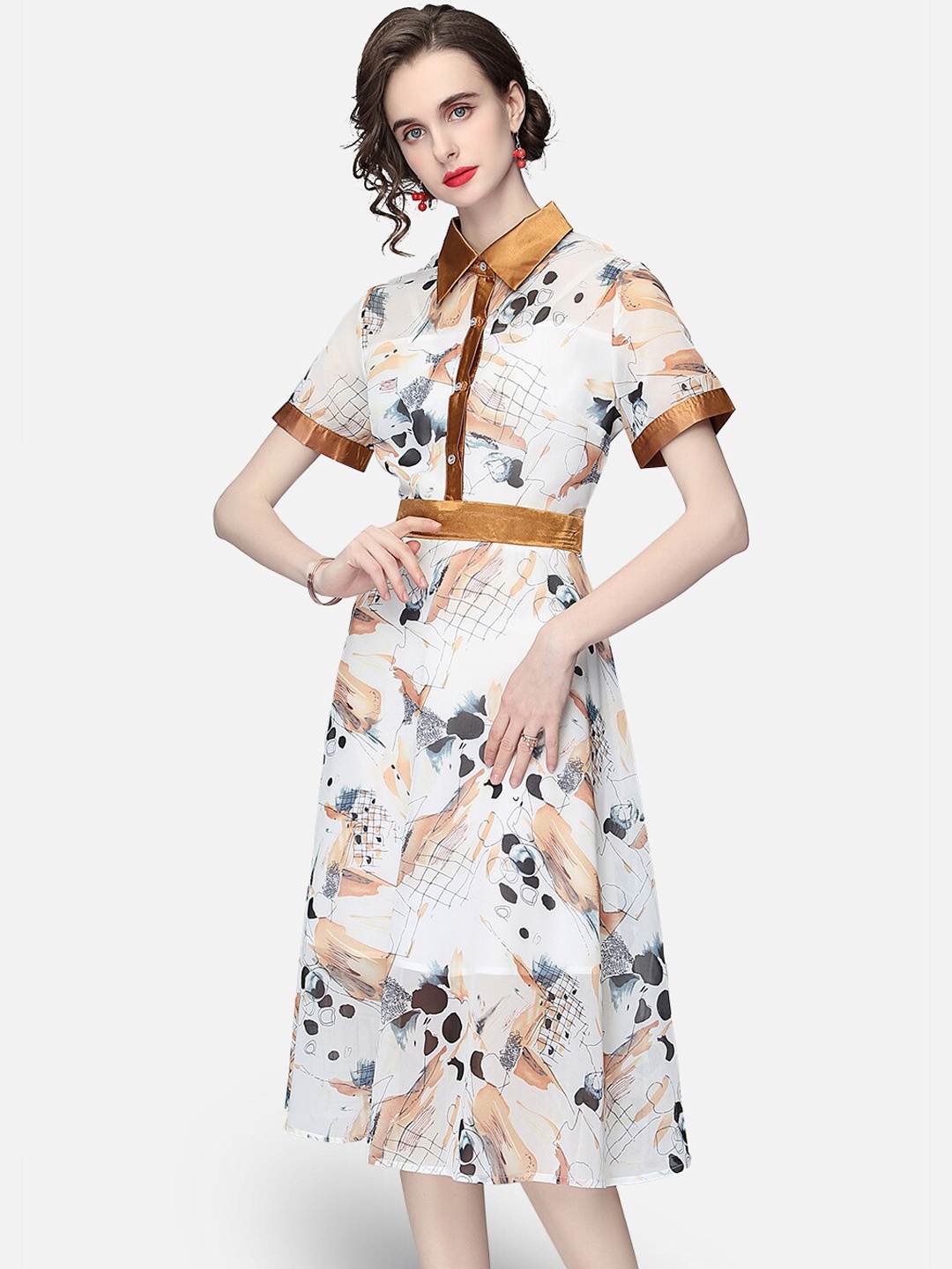 

JC Collection White Abstract Midi Shirt Style Dress