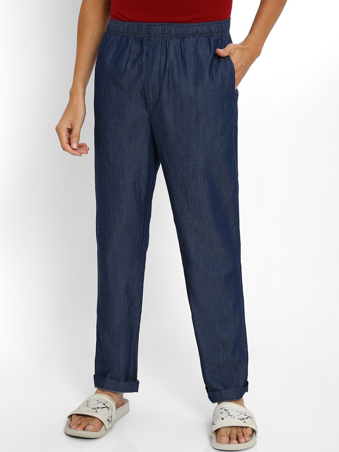 

Ajile by Pantaloons Men Blue Solid Pure Cotton Lounge Pants