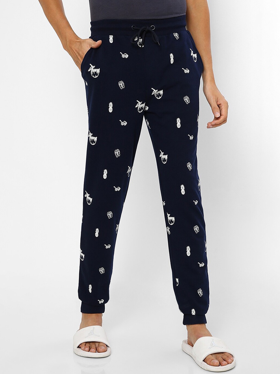 

Ajile by Pantaloons Men Navy Blue & White Printed Pure Cotton Lounge Pants