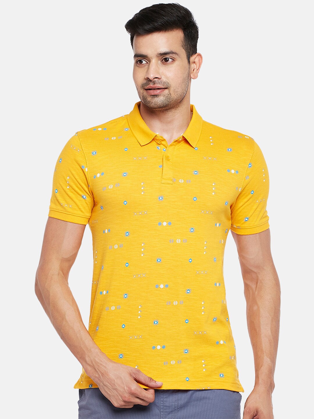 

Urban Ranger by pantaloons Men Mustard Yellow Polo Collar Pure Cotton Slim Fit Pure Cotton T-shirt