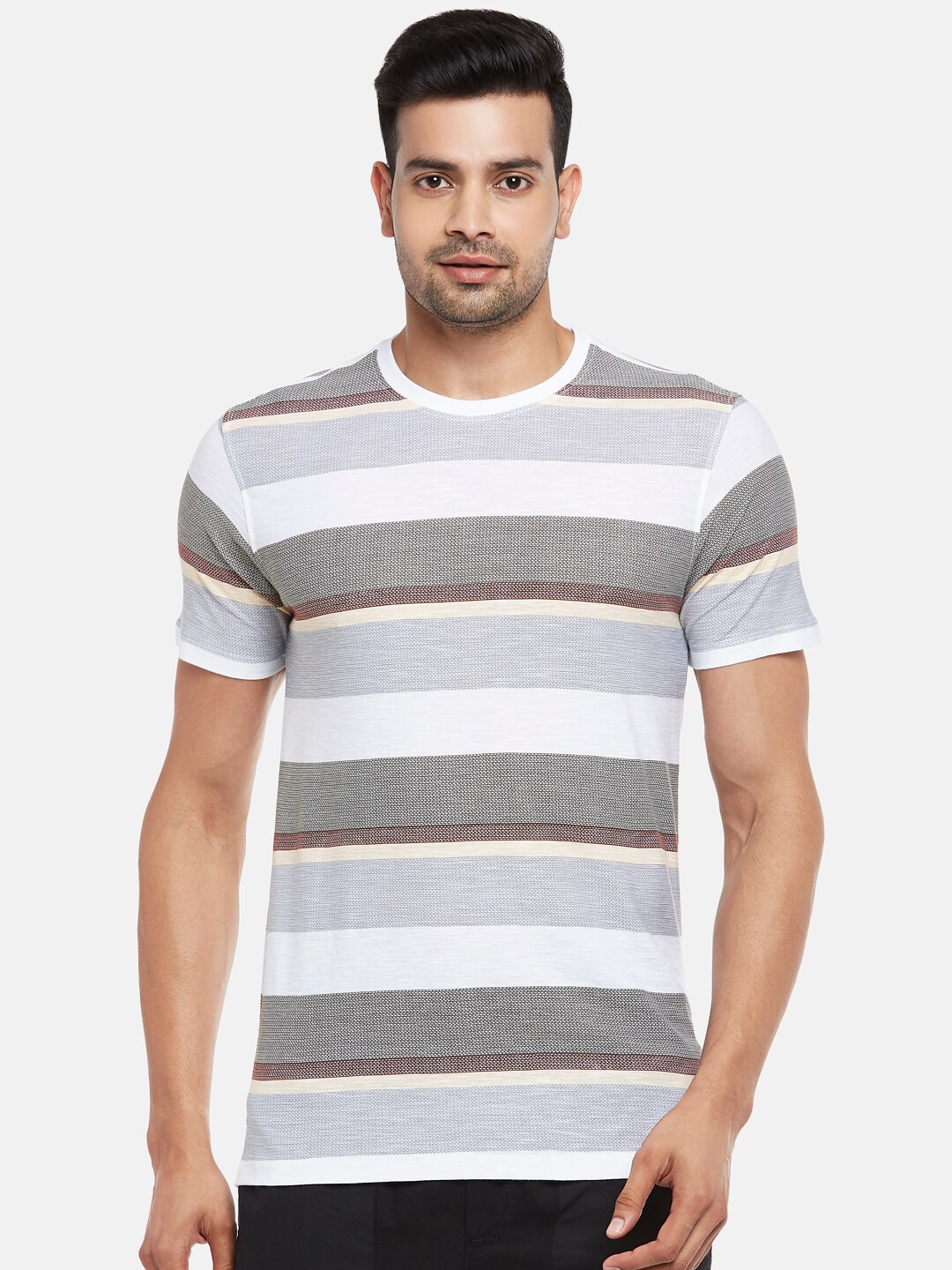 

Urban Ranger by pantaloons Men Off White Grey Striped Slim Fit Pure Cotton T-shirt