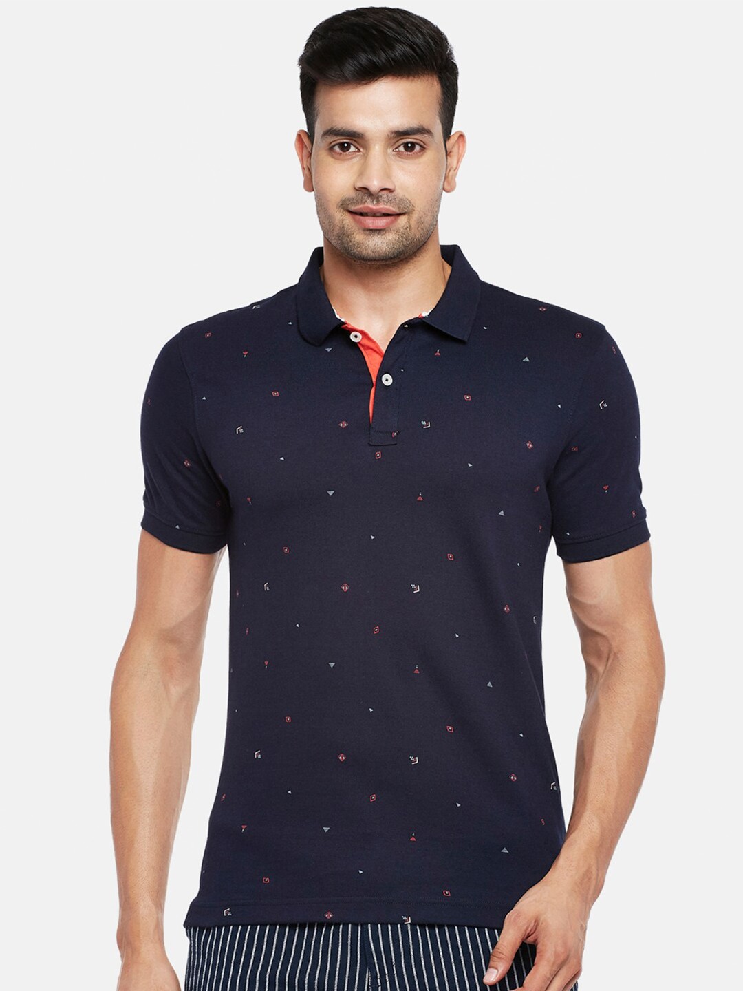 

Urban Ranger by pantaloons Men Navy Blue Printed Polo Collar Pure Cotton Slim Fit Pure Cotton T-shirt