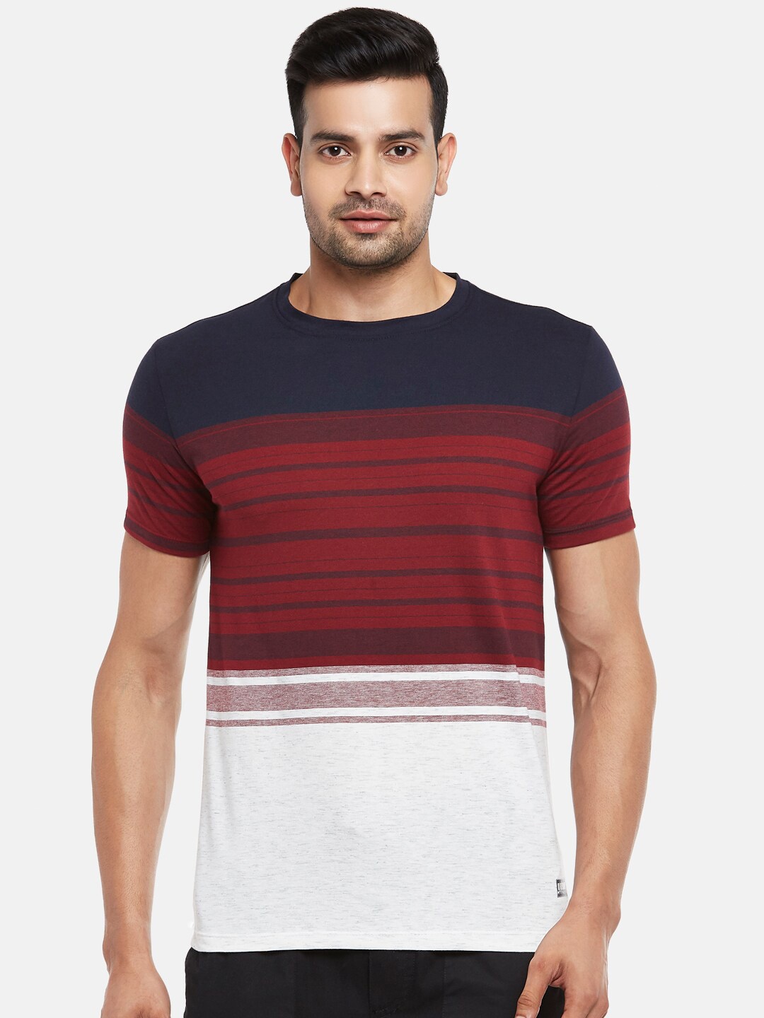 

Urban Ranger by pantaloons Men Navy Blue Red Striped Slim Fit Pure Cotton T-shirt