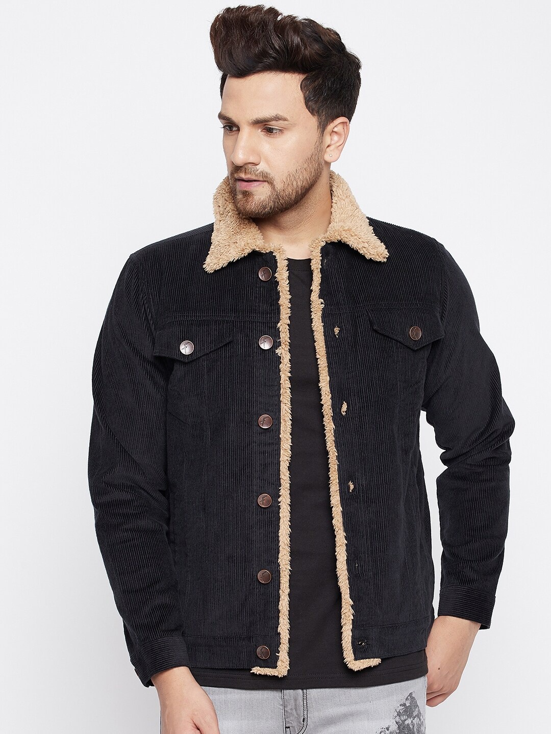 

FUGAZEE Men Black Corduroy Tailored Jacket