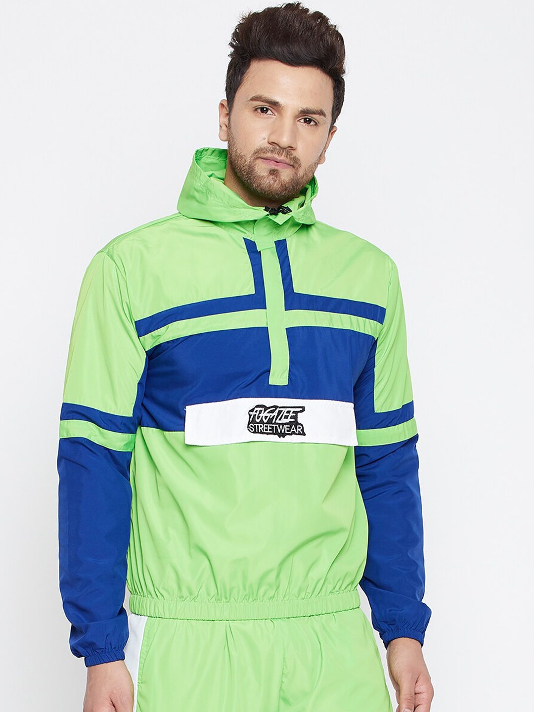 

FUGAZEE Men Sea Green & Navy Blue Colourblocked Lightweight Sporty Jacket