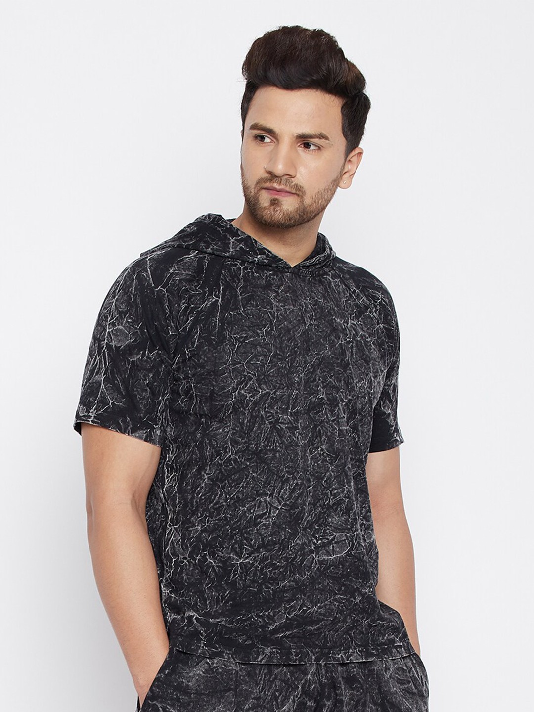 

FUGAZEE Men Grey Black Printed Drop-Shoulder Hooded Pure Cotton T-shirt