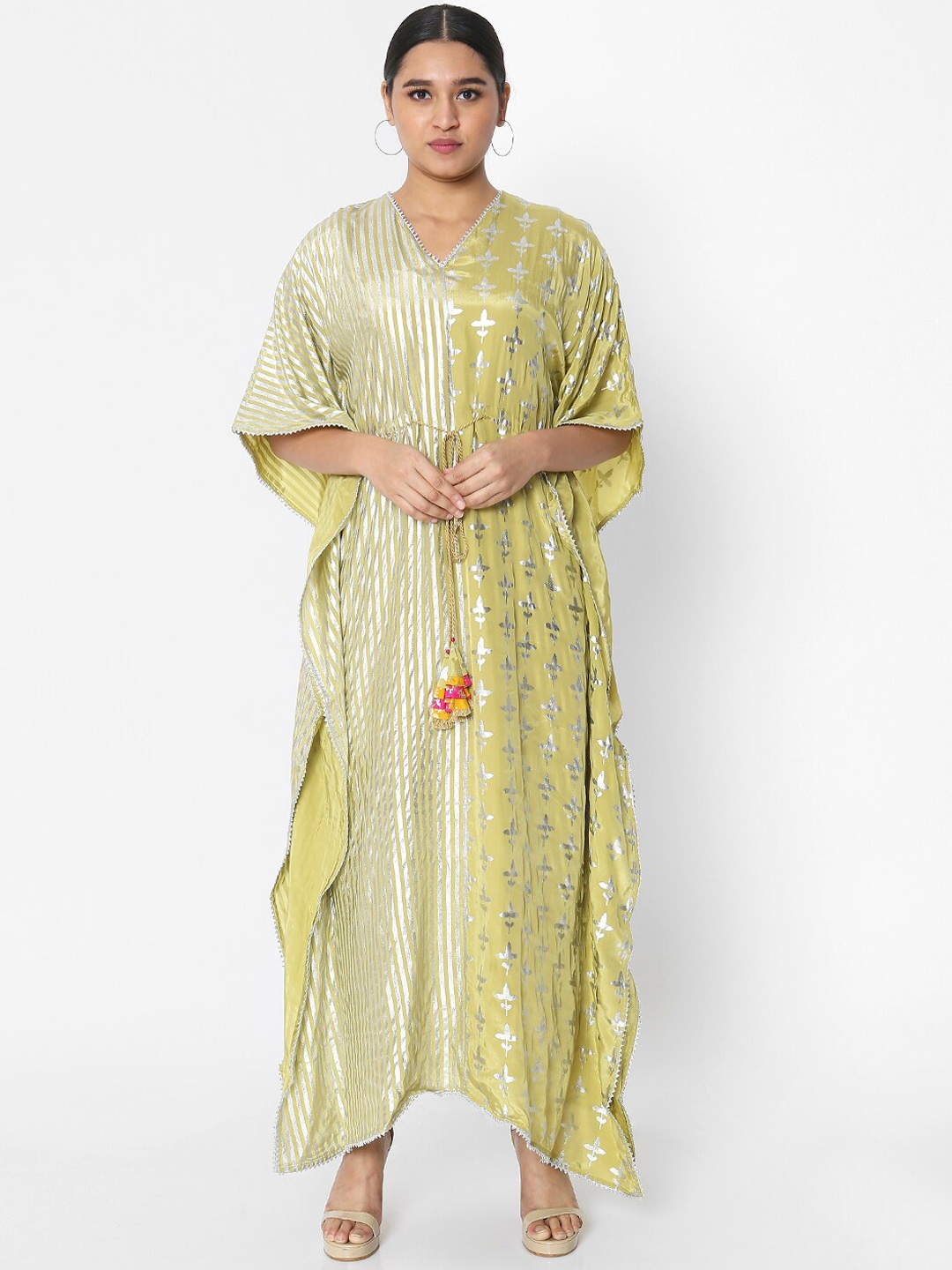 

Masaba Olive Green Ethnic Motifs Crepe Kaftan Maxi Dress